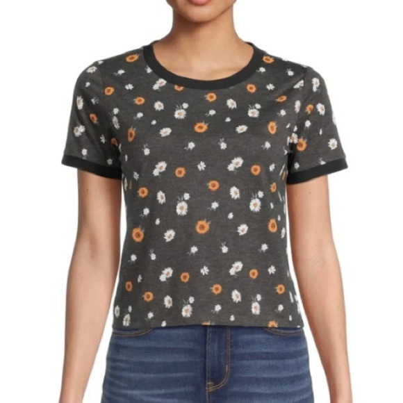 No Boundaries Tops - Floral Ringer Tee Charcoal Short Sleeve Girls Juniors Crop Large (11-13) NEW